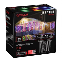 VEGAS 24V Электрогирлянда-конструктор Сеть 144 разноцветных LED ламп, прозрачный провод, 1,2*1,5 м